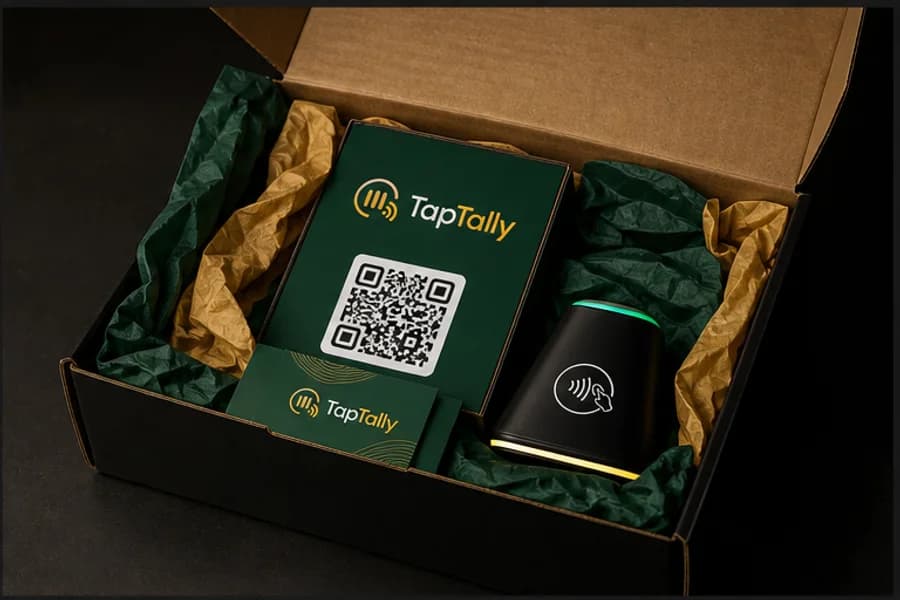 TapTally starter kit box with QR sign, NFC tap point, and branded materials