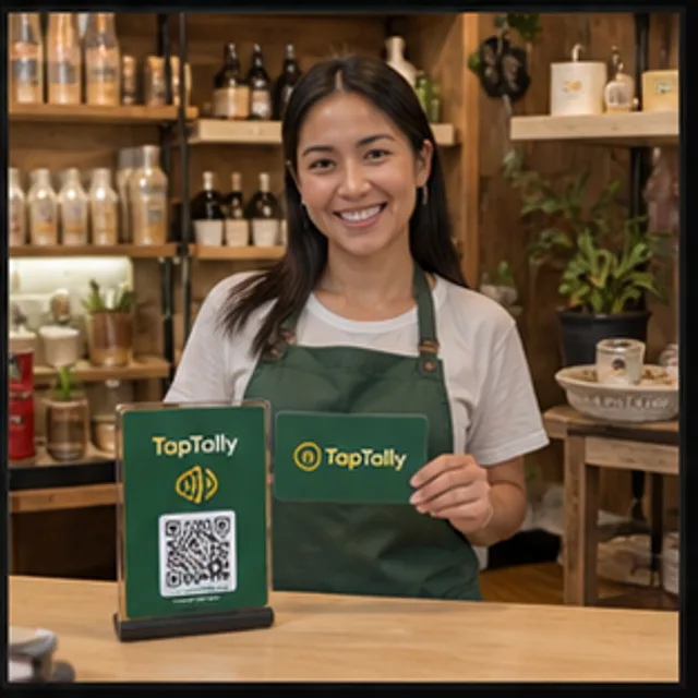 Local business owner with TapTally loyalty sign